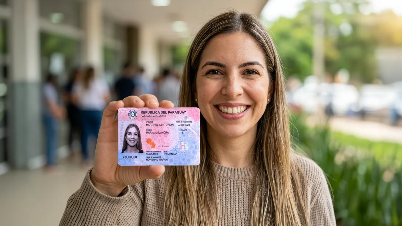 Mujer sonriente mostrando su cédula de identidad civil paraguaya