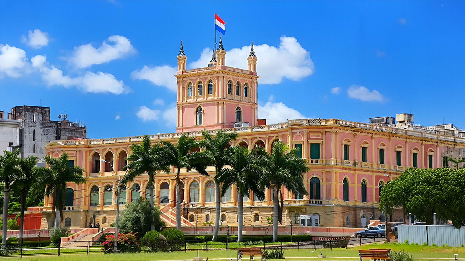 Palacio de López, seat of the Paraguayan government, in Asunción, surrounded by palm trees
